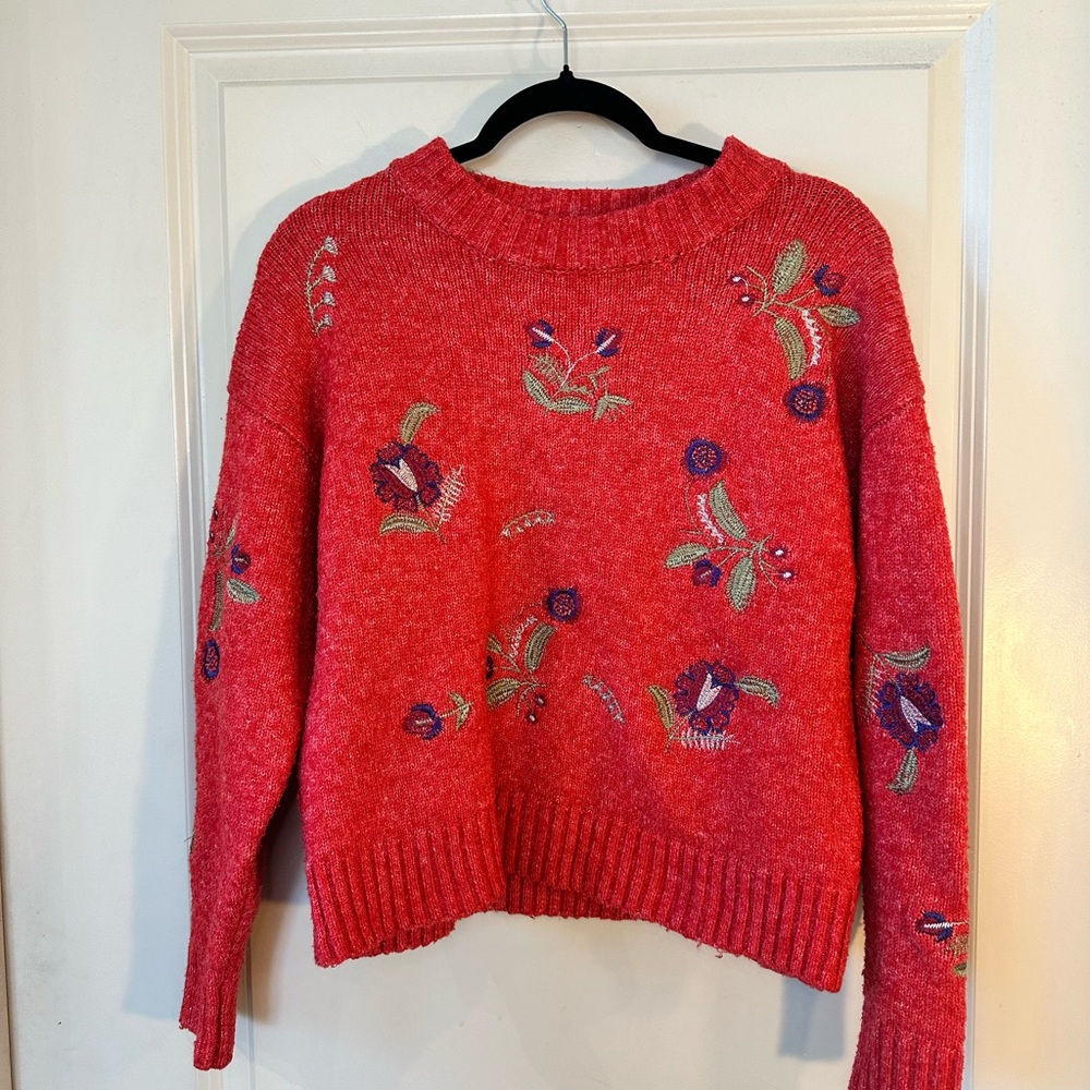 Harlyn Wool Blend Embroidered Floral Red Crew Neck Sweater, Size XS